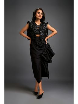 Deepika Arora - Womens Black Crop Top With Skirt And Jacket (Set of 3)