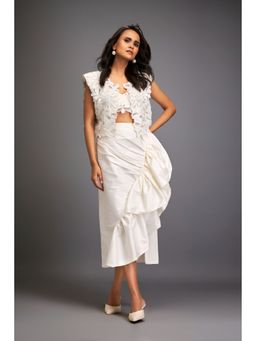 Deepika Arora - Womens White Crop Top With Skirt And Jacket (Set of 3)