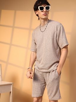 Campus Sutra - Mens Light Brown Knitted Textured Co-Ord (Set of 2)