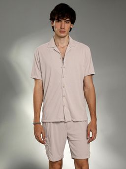 Campus Sutra - Mens Beige Solid Ribbed Co-Ord (Set of 2)