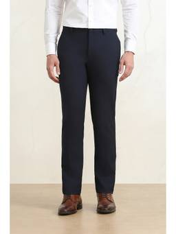 Louis Philippe - Men Navy Blue Solid/Plain Polyester Trouser