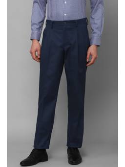 Louis Philippe - Men Navy Blue Solid/Plain Cotton Blend Trouser