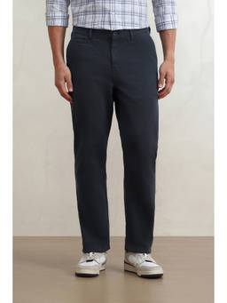 Louis Philippe - Men Navy Blue Solid/Plain Cotton Trouser