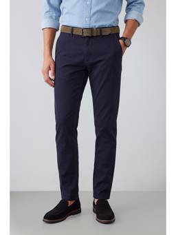 Peter England - Men Navy Blue Solid/Plain Cotton Blend Trouser