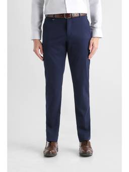 Van Heusen - Men Navy Blue Solid/Plain Cotton Blend Trouser