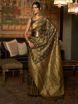 Akhilam - Womens Silk Blend Olive Woven Handloom Saree with Unstitched Blouse