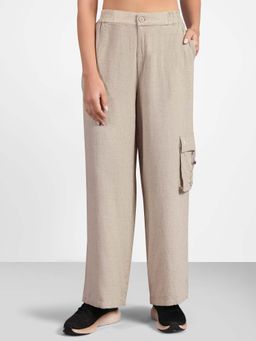 SKECHERS - Women Solid Linen Branded Beige Pant