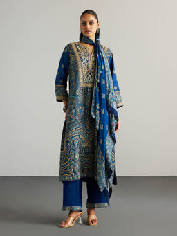 RI.Ritu Kumar - Blue Jamawar Kurta with Pant and Dupatta