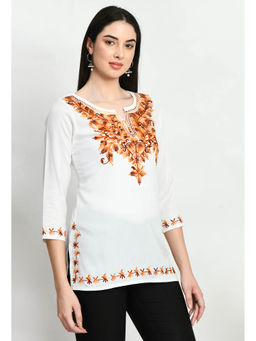 QAZMI - White Floral Kashmiri Aari Embroidered Straight Kurti