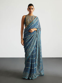 RI.Ritu Kumar - Blue Jamawar Saree with Stitched Blouse