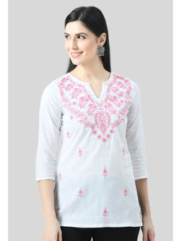 QAZMI - White Embroidered Thread Work Pure Cotton Thread Work Kurti