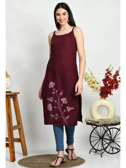 QAZMI - Wine Floral Embroidered Sleeveless Straight Kurta