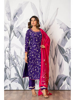 Yuvrani Jaipur - Purple Hand Embroidered Kurta with Pant and Dupatta