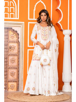 Yuvrani Jaipur - Ivory Embroidered Sharara with Kurti, Dupatta and Potli