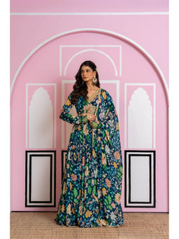 Yuvrani Jaipur - Teal Blue Chinnon Lehenga with Blouse and Dupatta