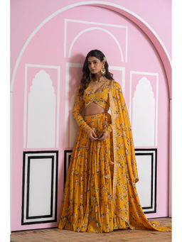 Yuvrani Jaipur - Mustard Chinnon Lehenga with Blouse and Dupatta