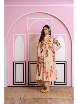 Yuvrani Jaipur - Beige Chinnon Chiffon Anarkali with Pant and Dupatta