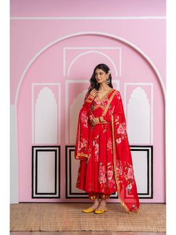 Yuvrani Jaipur - Red Chinnon Chiffon Anarkali with Pant and Dupatta
