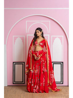 Yuvrani Jaipur - Red Chinnon Lehenga with Blouse and Dupatta