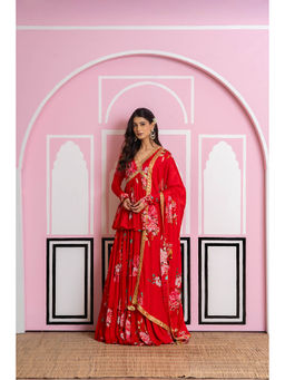 Yuvrani Jaipur - Red Lehenga with Peplum Top and Dupatta