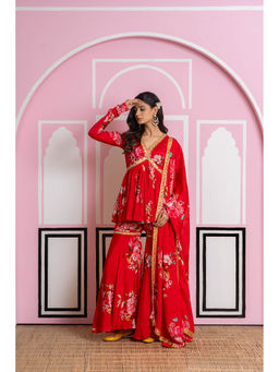 Yuvrani Jaipur - Red Chiffon Sharara with Peplum Top and Dupatta