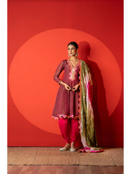 Yuvrani Jaipur - Maroon Crunchy Silk Kurti with Salwar and Dupatta
