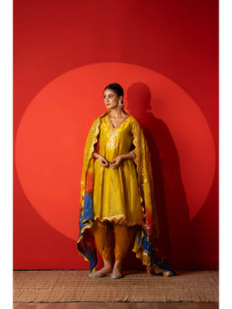 Yuvrani Jaipur - Yellow Crunchy Silk Kurti with Salwar and Dupatta