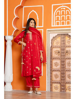 Yuvrani Jaipur - Red Hand Embroidered Kurta with Pant and Dupatta