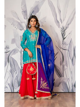Yuvrani Jaipur - Blue Pure Embroidered Sharara with Kurti, Dupatta and Potli