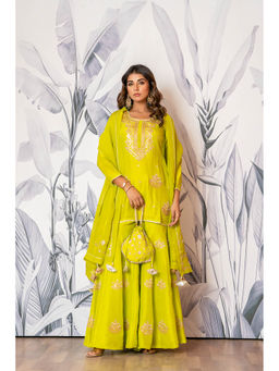 Yuvrani Jaipur - Neon Green Embroidered Sharara with Kurti, Dupatta and Potli