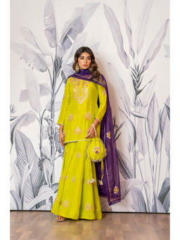 Yuvrani Jaipur - Neon Green Embroidered Sharara with Kurti, Dupatta and Potli
