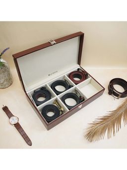 La Trove - Elegant 6 Slot Belt & Pocket Square Organiser Box Brown