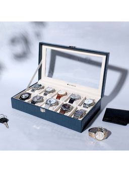 La Trove - 10 Slot Watch Display Box Case Organiser With Glass Top Blue