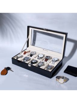 La Trove - 10 Slot Watch Display Box Case Organiser With Glass Top Black