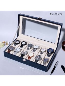 La Trove - 12 Slot Watch Display Box Case Organiser With Glass Top Blue