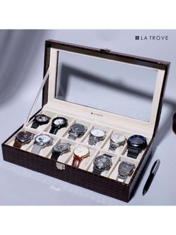 La Trove - 12 Slot Watch Display Box Case Organiser With Glass Top Brown