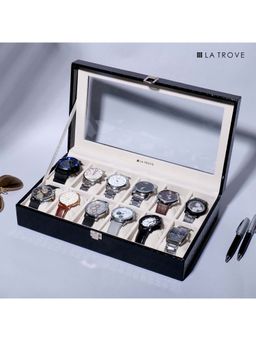 La Trove - 12 Slot Watch Display Box Case Organiser With Glass Top Black