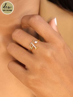 Pipa Bella by Nykaa Fashion - Dew by PB Gold-Plated 925 Sterling Silver Stone Studded Initial T Ring