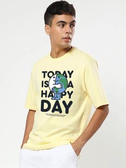 Bewakoof - Men's Yellow Happy Earth Typography Oversized T-shirt