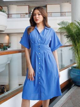 Zink London - Womens Blue Textured Fitted Midi Dress