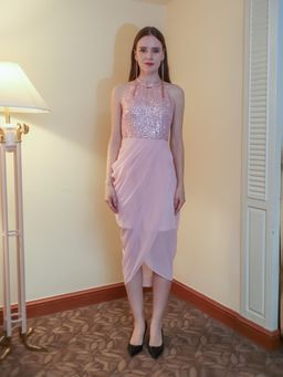 Zink London - Womens Pink Embellished Wrap Midi Dress