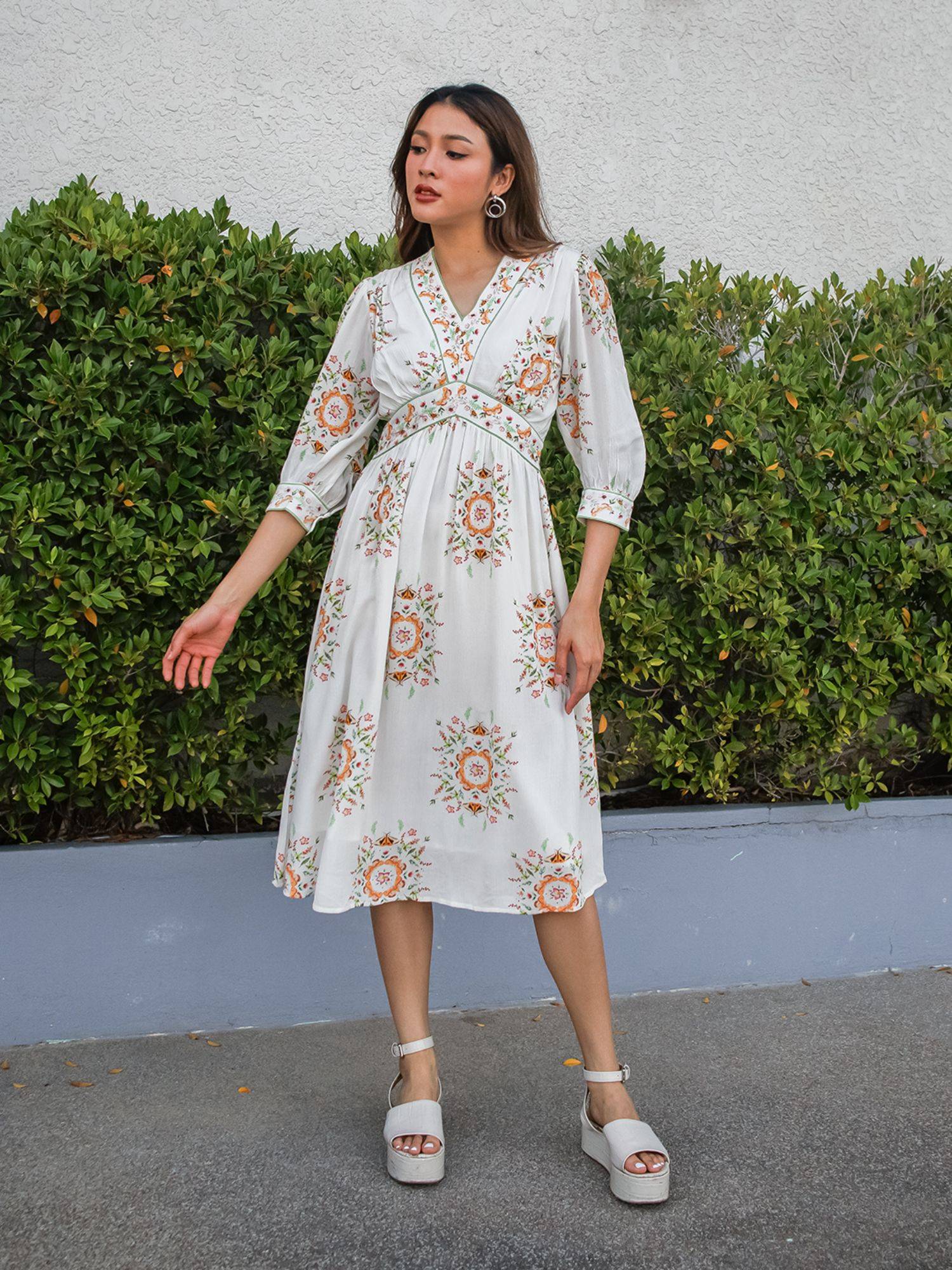 Buy Zink London Womens White Floral Printed Flared Midi Dress (XS