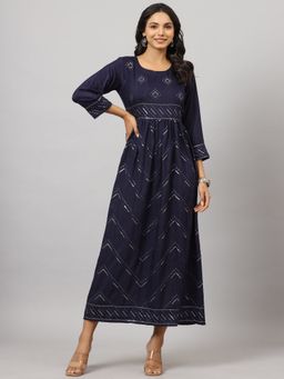 Juniper - Women Navy Muslin Embroidered Maxi Dress