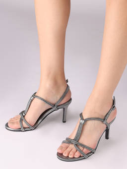 RSVP by Nykaa Fashion - Gunmetal Round Toe Corded Stiletto Heel Sandals For Women
