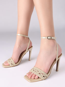 RSVP by Nykaa Fashion - Gold Square Toe Woven Ankle Strap Stiletto Heels For Women