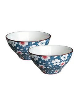 YELONA - Blue Floral Ceramic 300ml Bowls (Pack of 2)