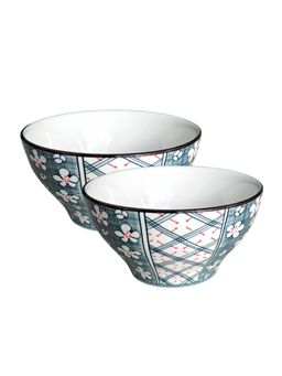 YELONA - White Check Floral Ceramic 300ml Bowls (Pack of 2)