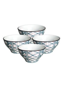 YELONA - White Check Floral Ceramic Bowls (Pack of 4)