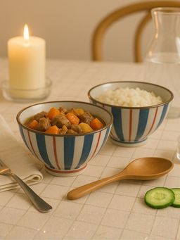 YELONA - White Stripes Ceramic 300ml Bowls (Pack of 2)