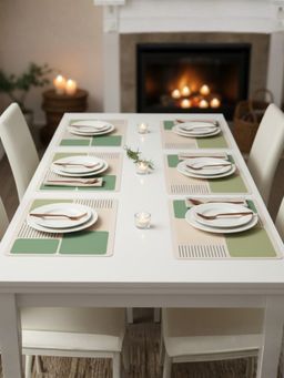 YELONA - Basil Green Stripes PU Leather Table Mats (Pack of 6) (6 Seater)